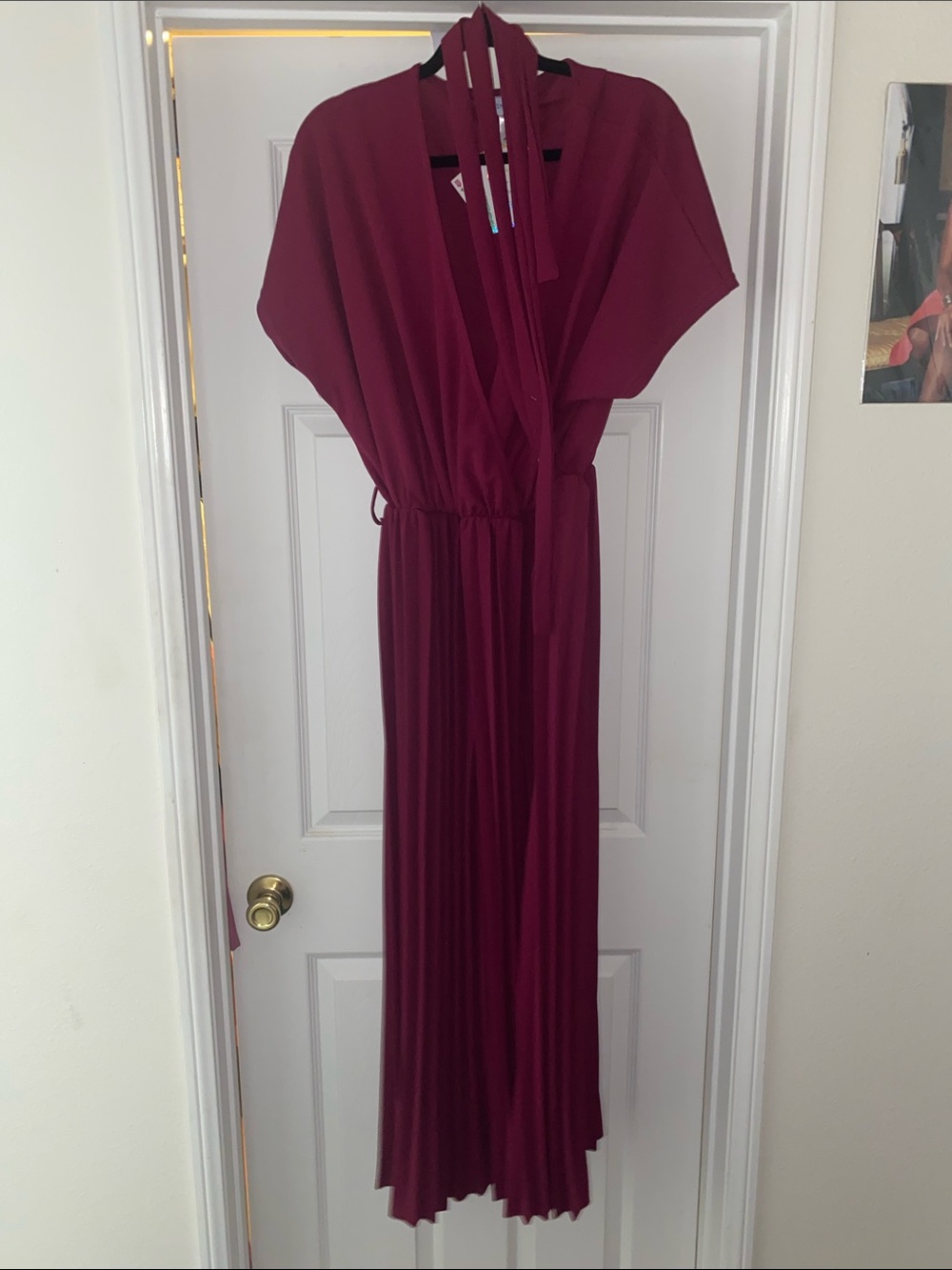 Women's Wine jumpsuit with V-Neck and Waist Tie